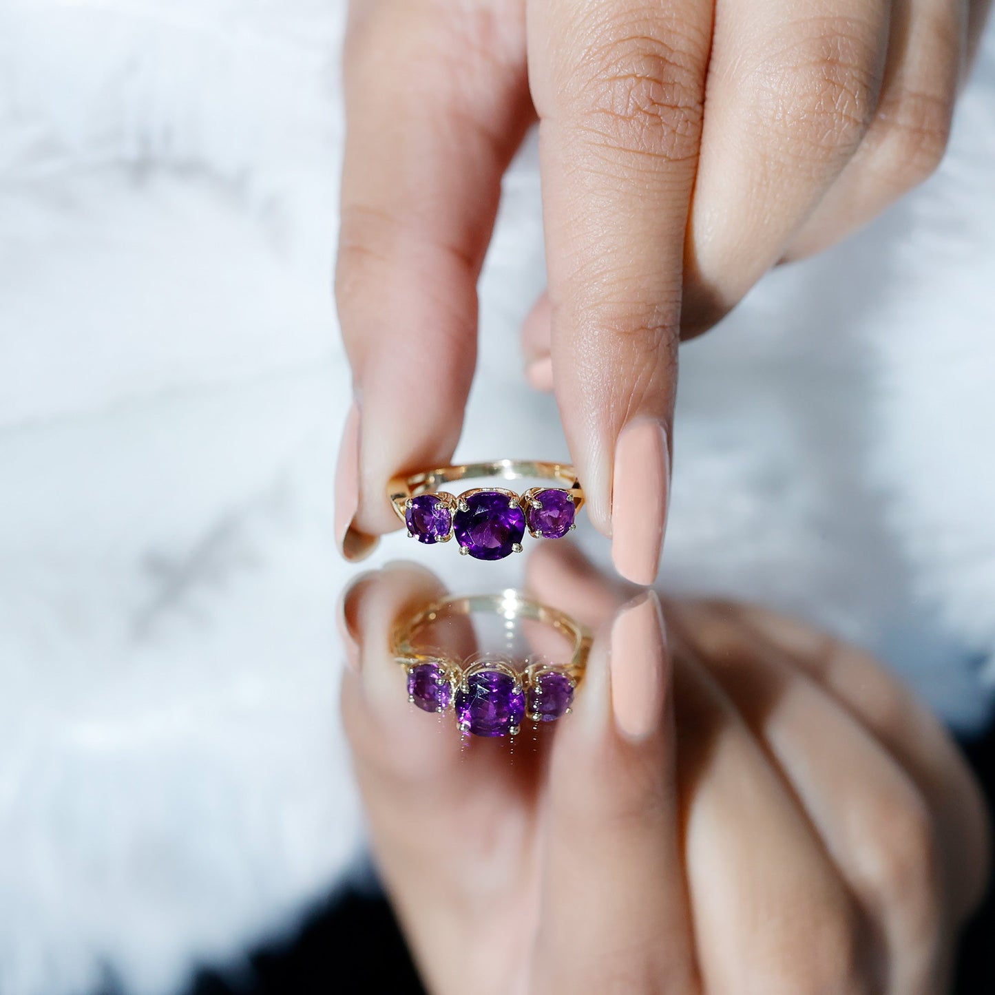 Natural Amethyst 3 Stone Engagement Ring for Women