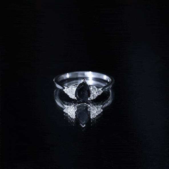 Pear Shaped Black Onyx Engagement Ring with Real Diamond Trio
