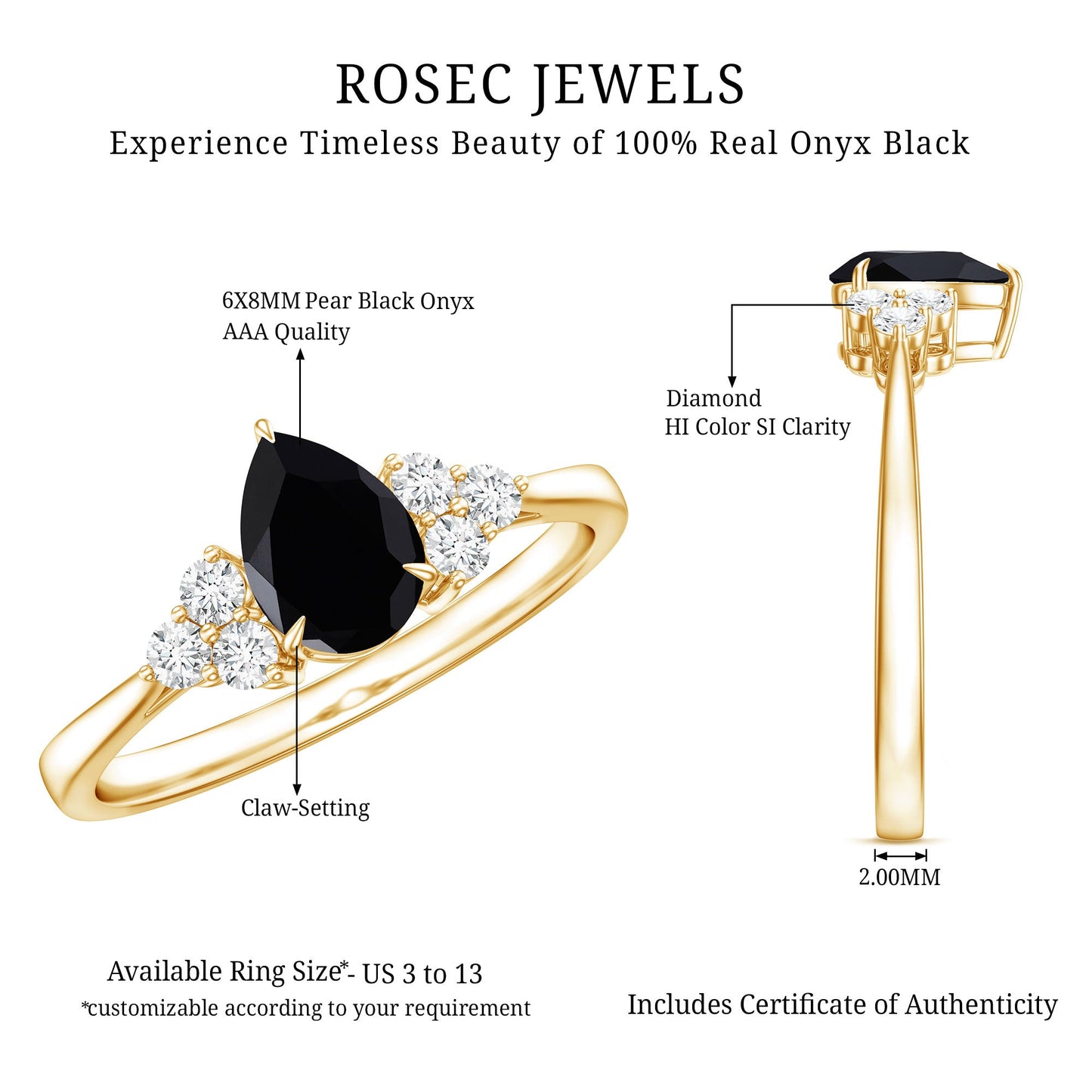 Pear Shaped Black Onyx Engagement Ring with Real Diamond Trio