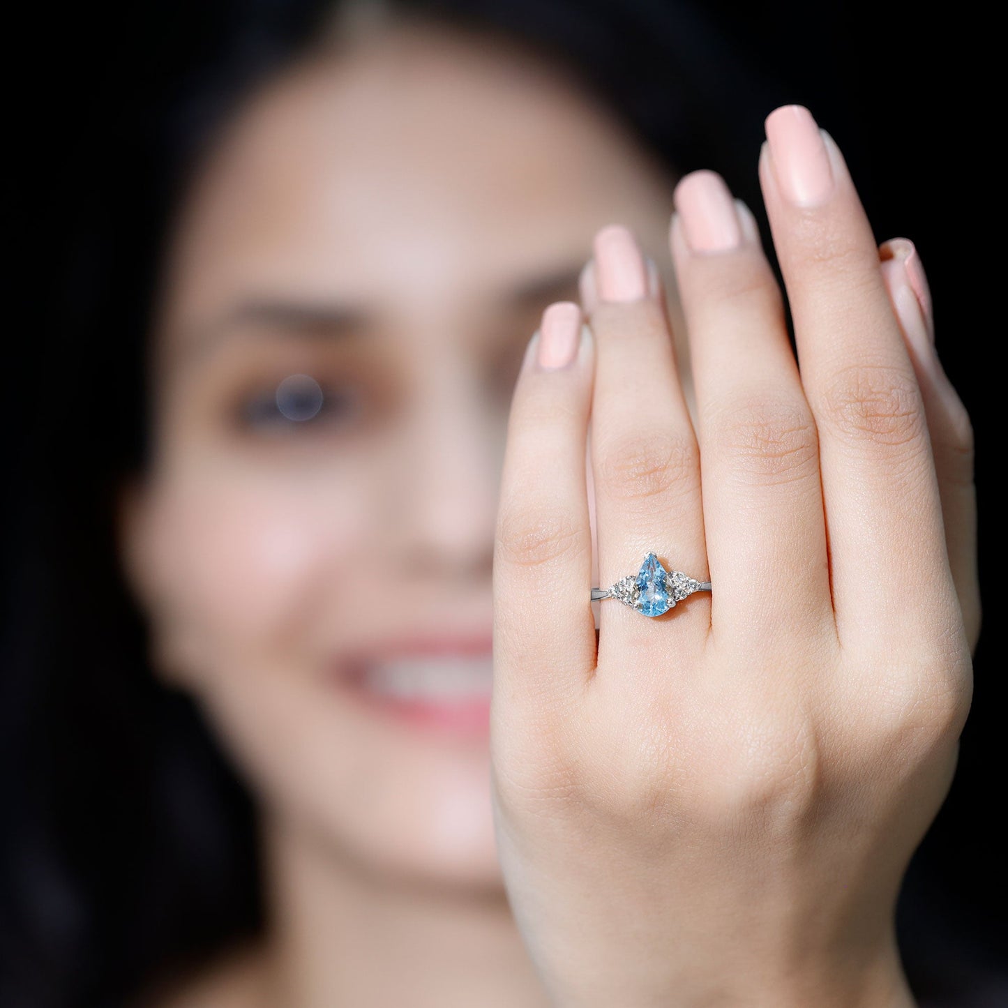 1 Carat Aquamarine Pear Engagement Ring with Diamond Trio