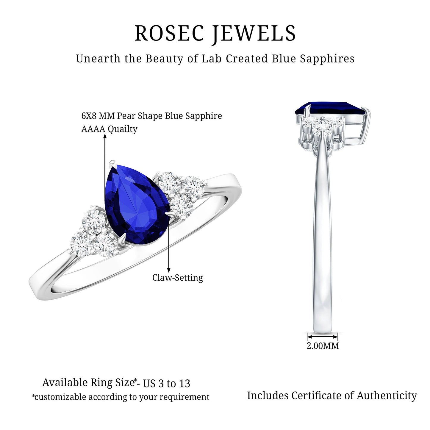 1.6 Carat Lab Blue Sapphire Teardrop Engagement Ring with Diamond Trio