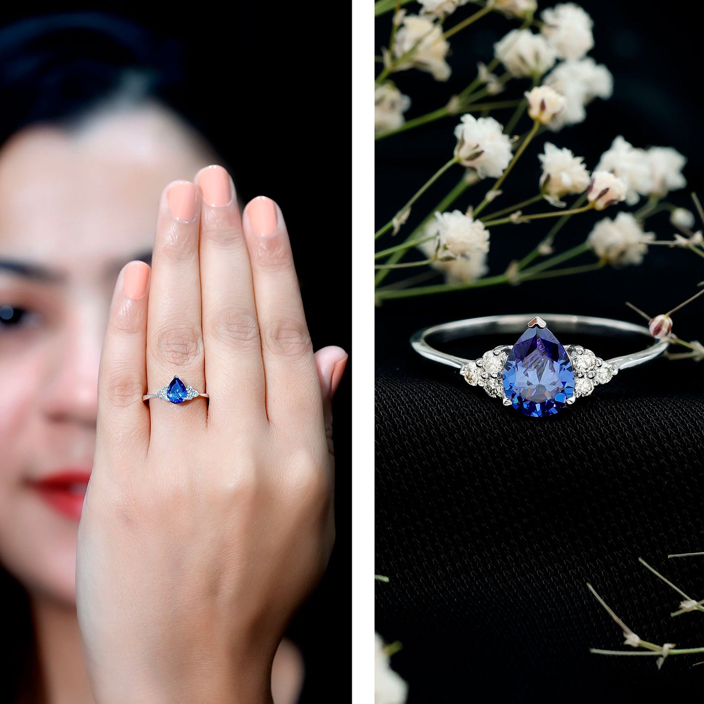 1.6 Carat Lab Blue Sapphire Teardrop Engagement Ring with Diamond Trio