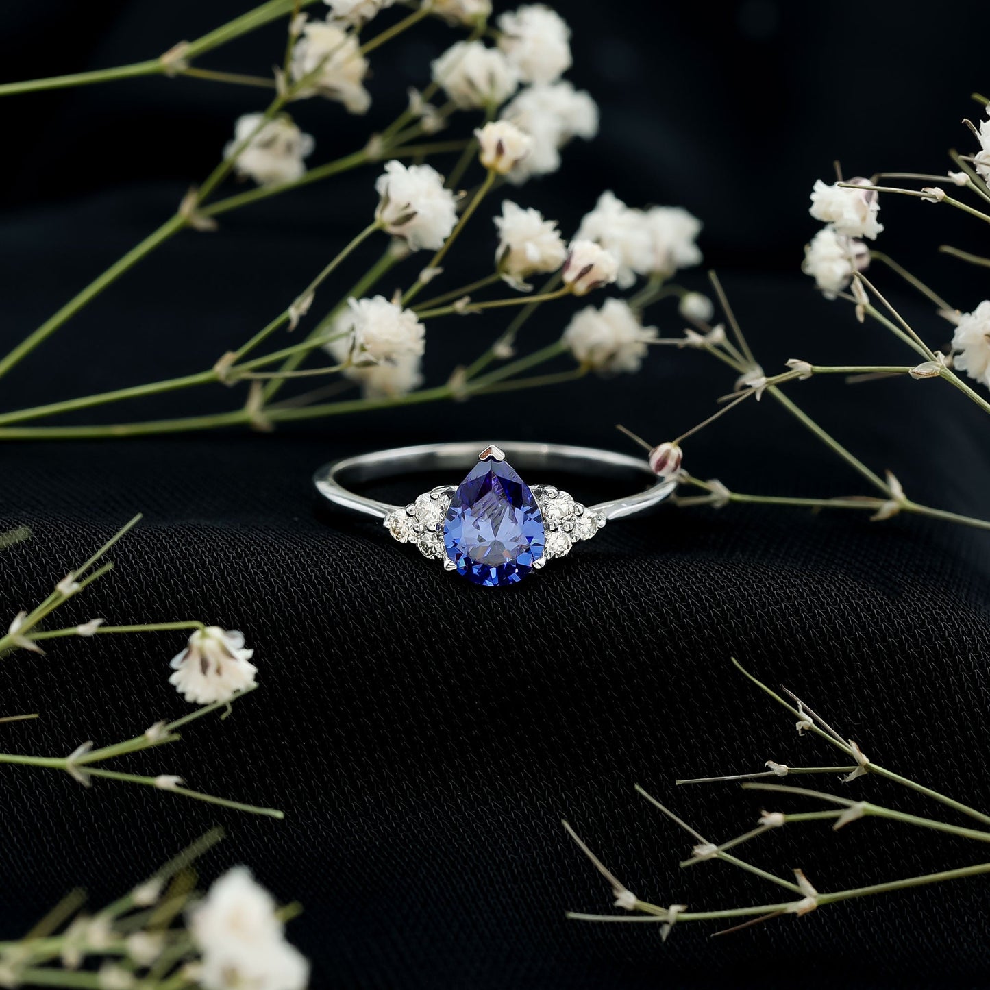 1.6 Carat Lab Blue Sapphire Teardrop Engagement Ring with Diamond Trio