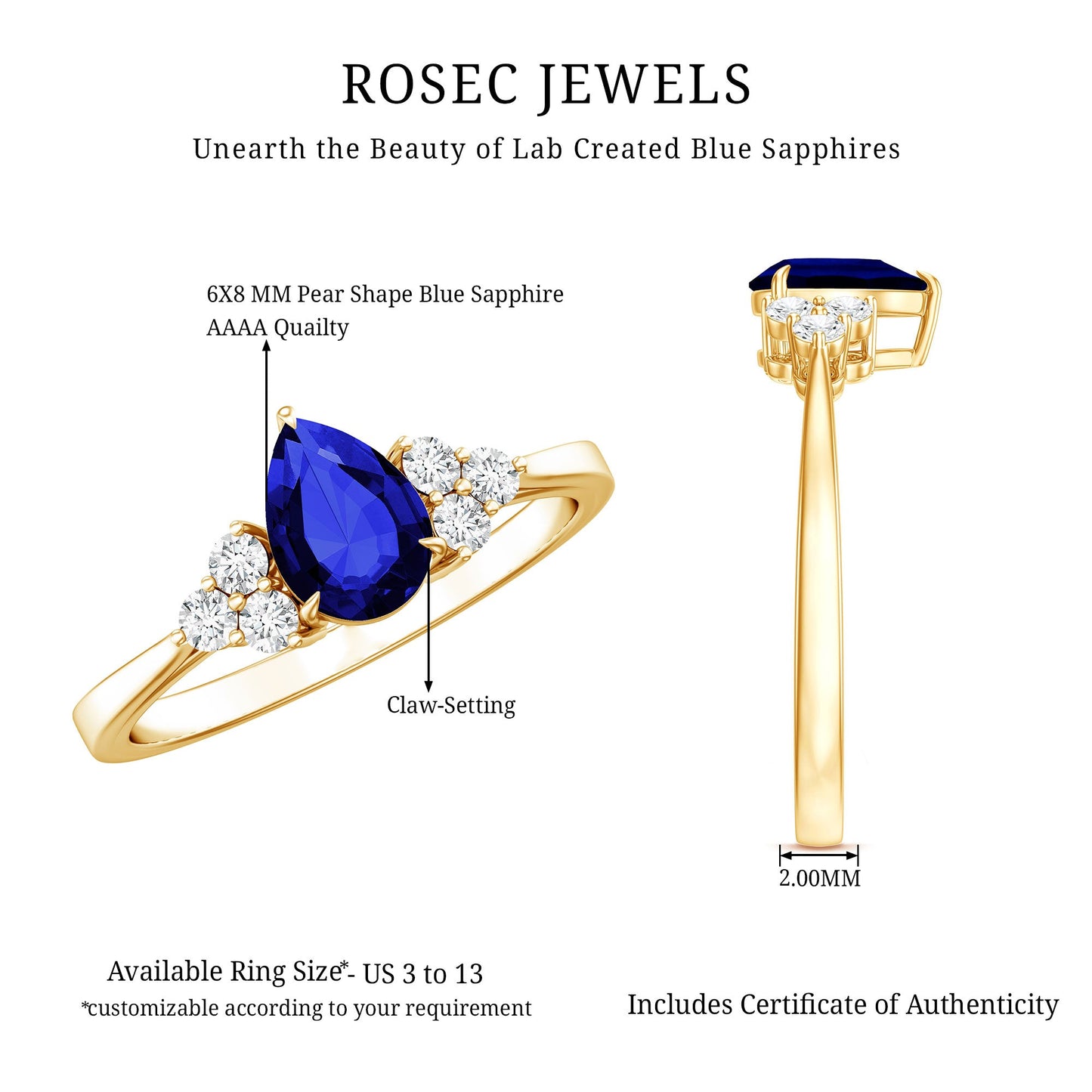 1.6 Carat Lab Blue Sapphire Teardrop Engagement Ring with Diamond Trio