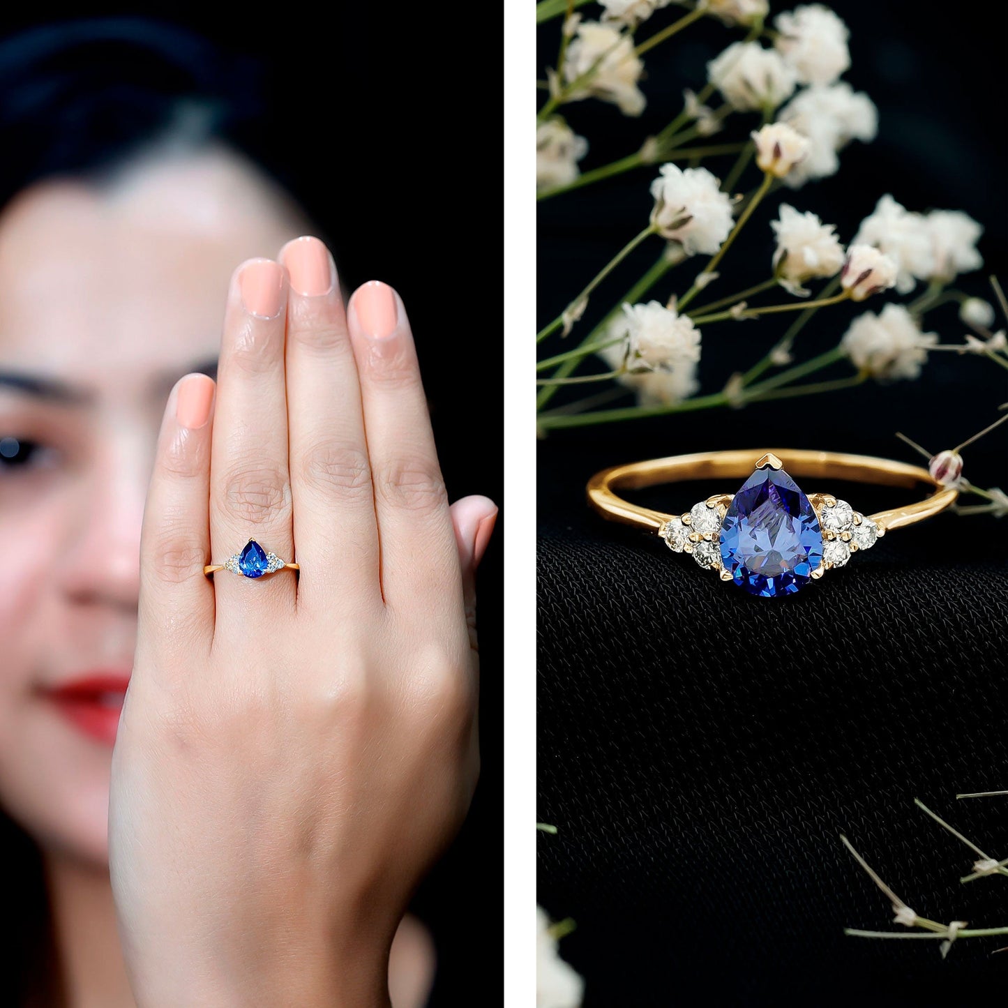 1.6 Carat Lab Blue Sapphire Teardrop Engagement Ring with Diamond Trio