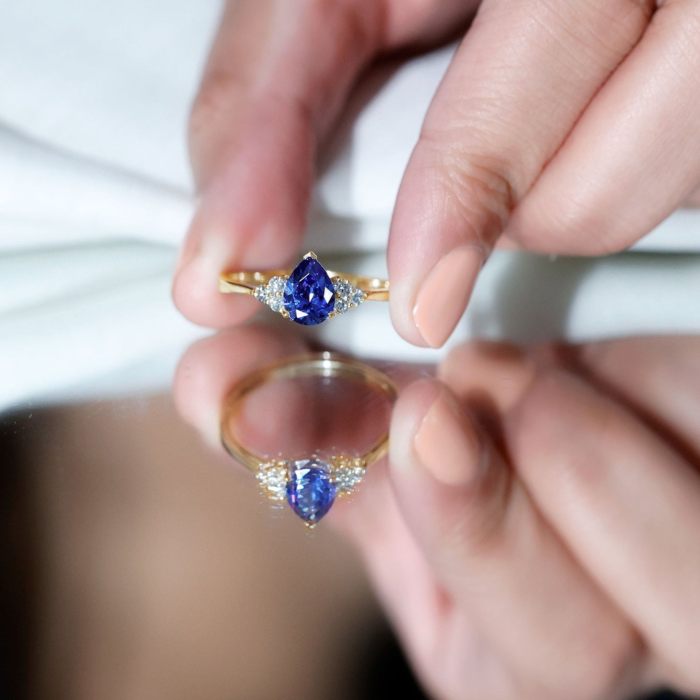 1.6 Carat Lab Blue Sapphire Teardrop Engagement Ring with Diamond Trio