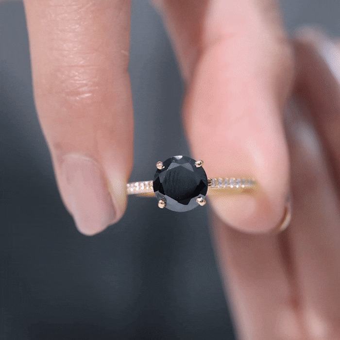 Round Cut Black Onyx Engagement Ring with Diamond Side Stones