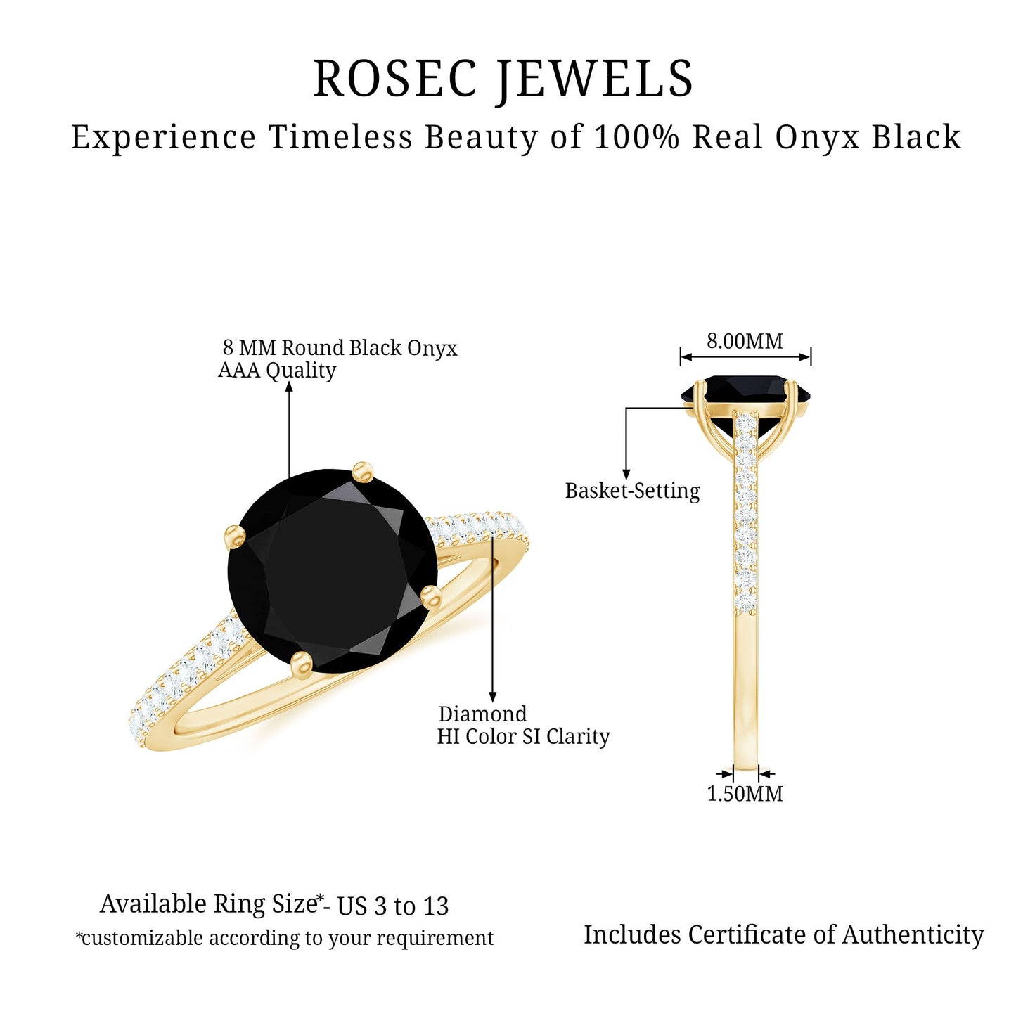 Round Cut Black Onyx Engagement Ring with Diamond Side Stones