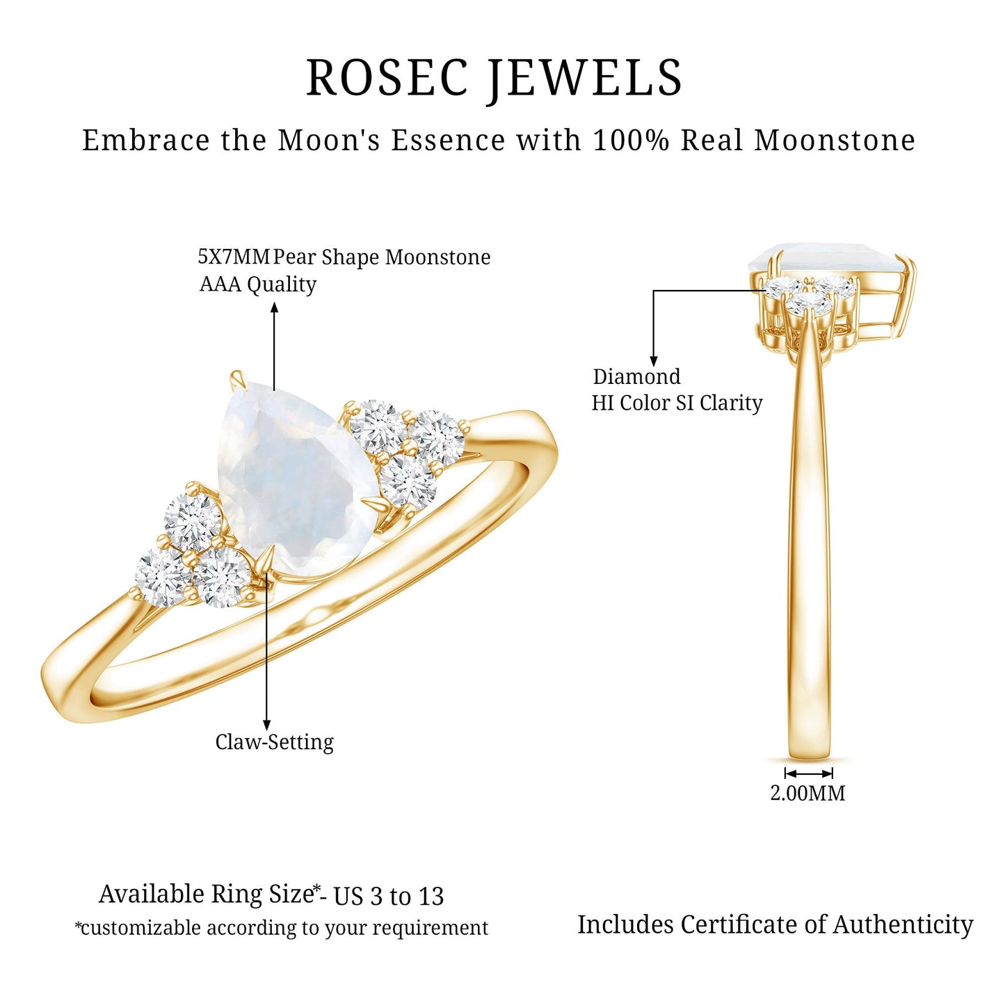 Pear Shape Moonstone Solitaire Ring with Diamond Trio