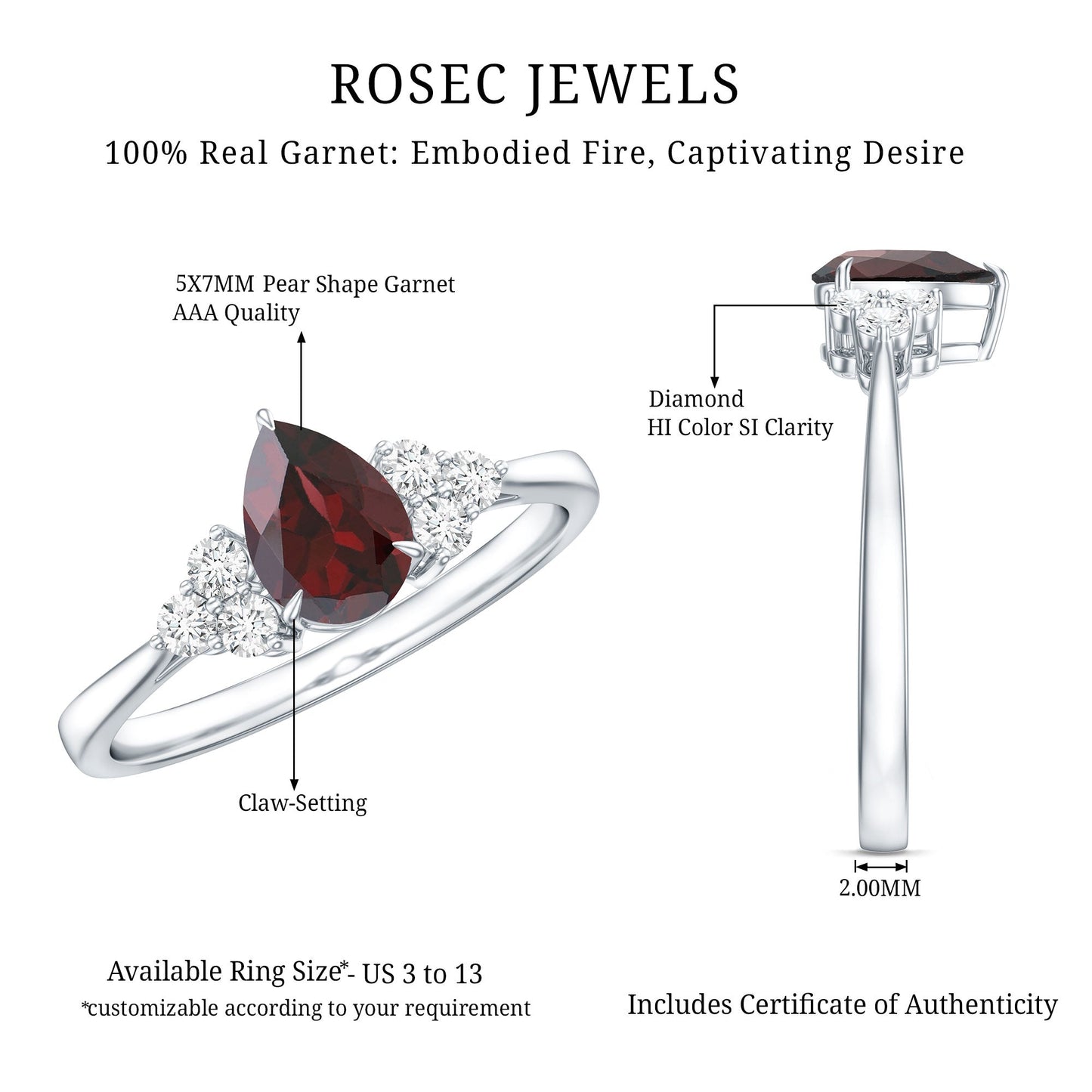 Natural 0.8 Carat Pear Shape Garnet Engagement Ring with Diamond