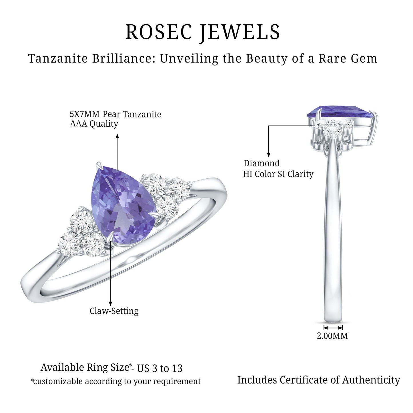 0.8 Carat Pear Shaped Tanzanite Engagement Ring with Diamond Trio