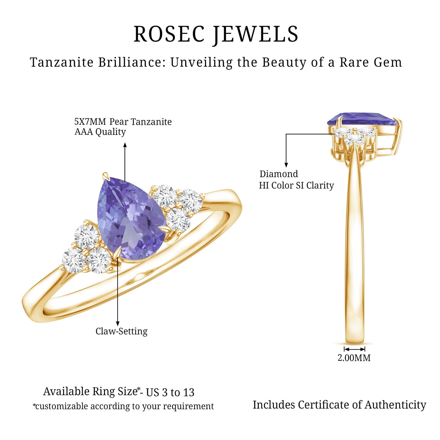 0.8 Carat Pear Shaped Tanzanite Engagement Ring with Diamond Trio