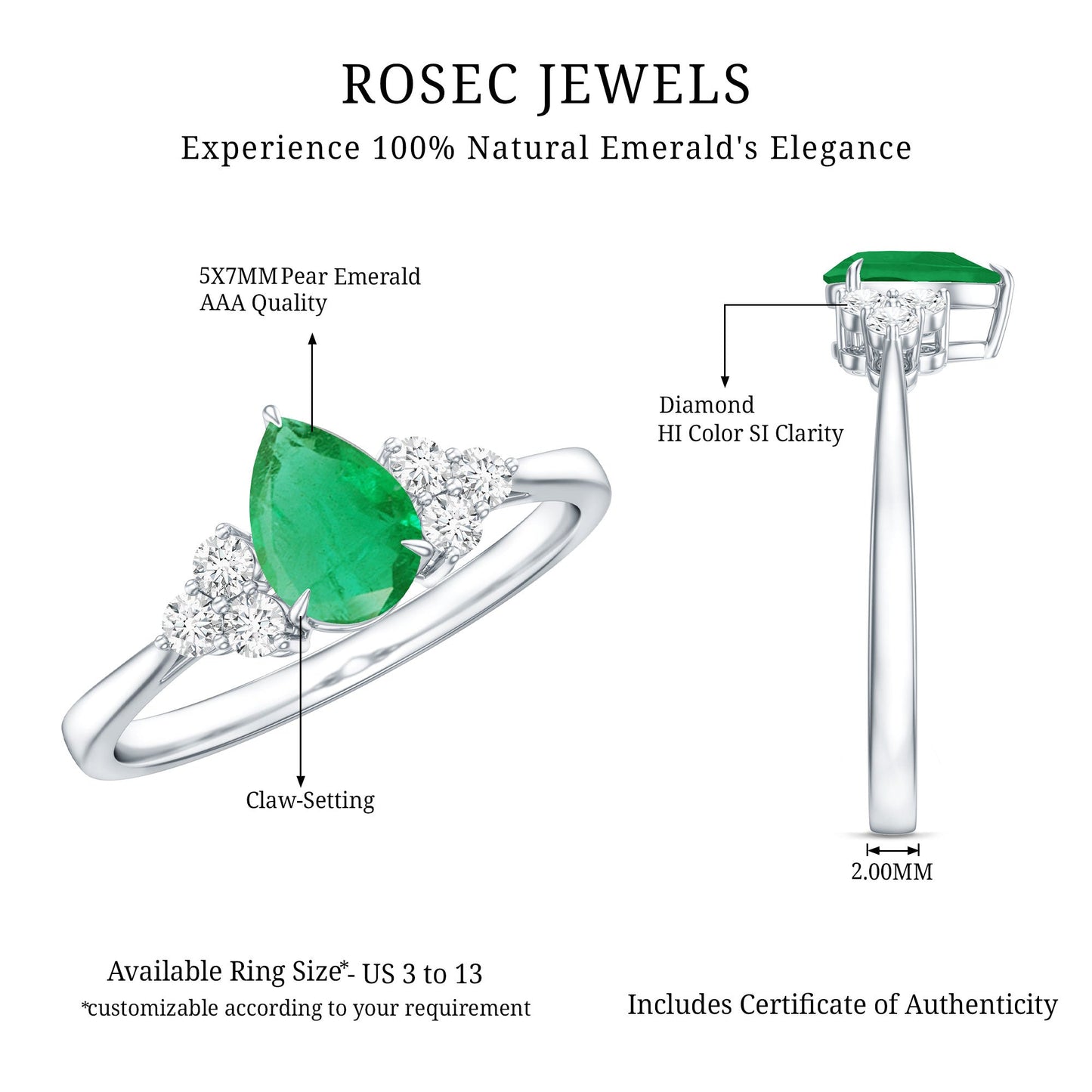 0.6 Carat AAA Quality Pear Shape Emerald Teardrop Engagement Ring with Diamond