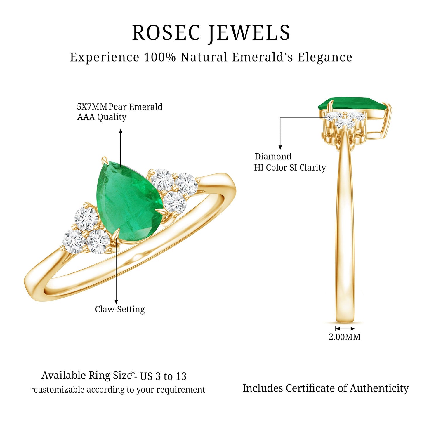 0.6 Carat AAA Quality Pear Shape Emerald Teardrop Engagement Ring with Diamond