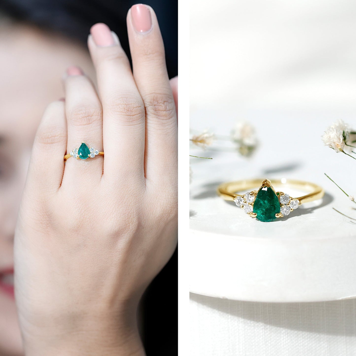 0.6 Carat AAA Quality Pear Shape Emerald Teardrop Engagement Ring with Diamond