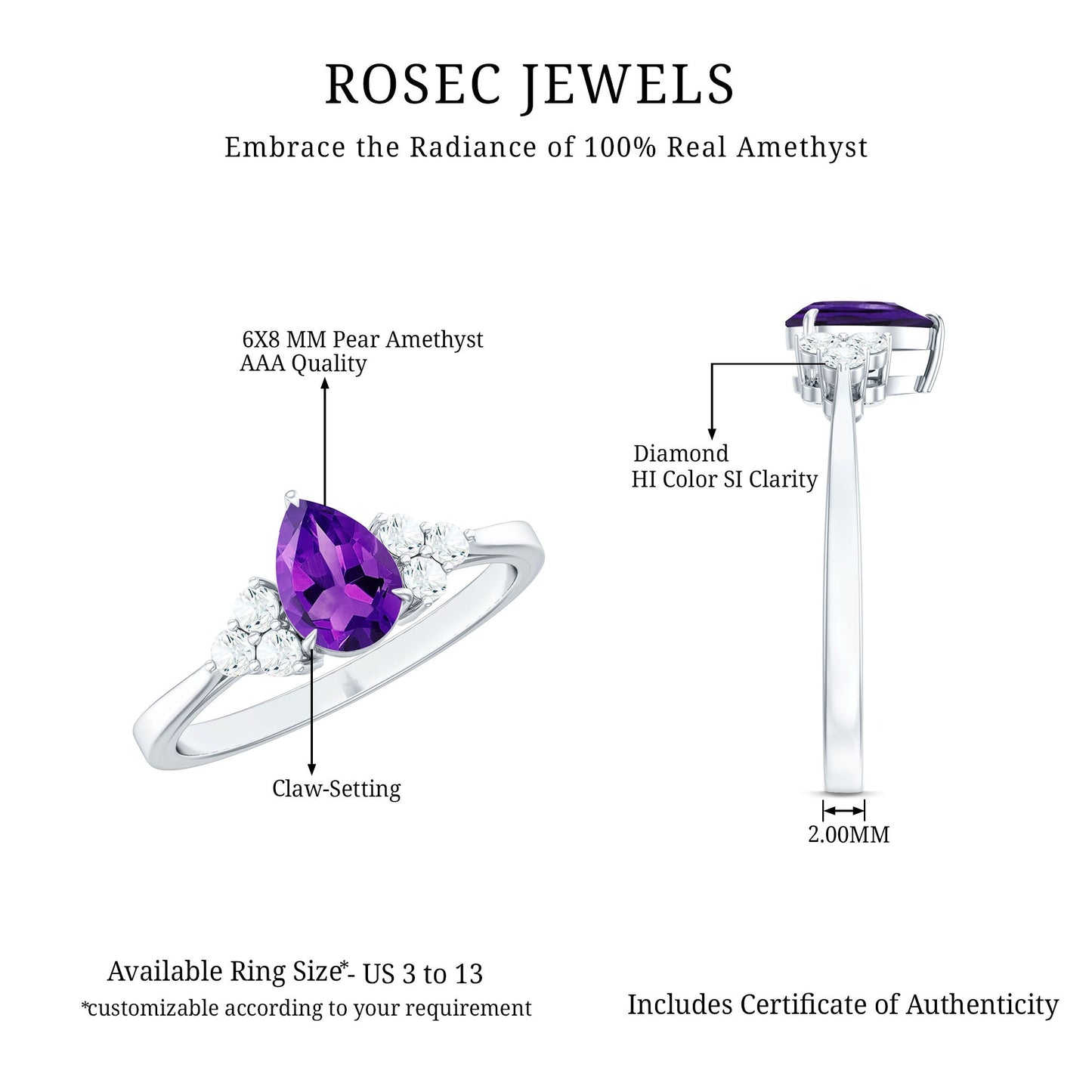 1 Carat Amethyst Engagement Ring with Diamond Trio