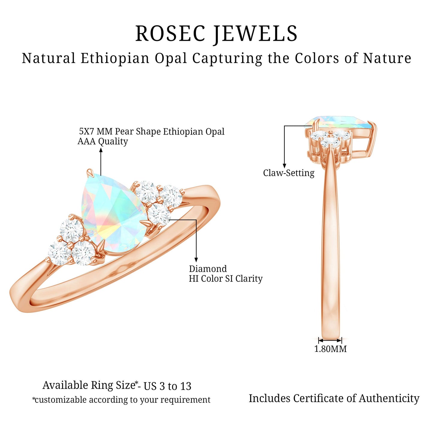 Certified Real Opalescent Pear Shaped Engagement Ring with Diamond Trio