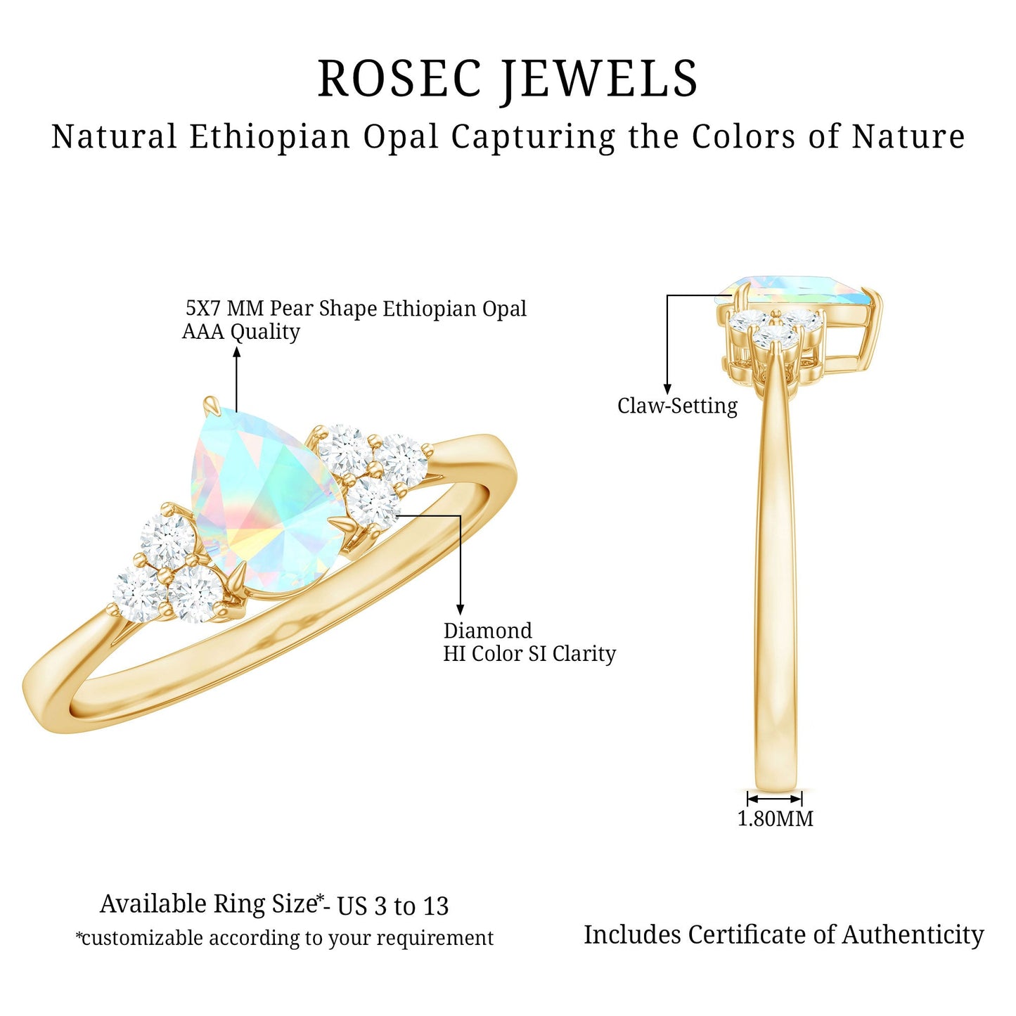 Certified Real Opalescent Pear Shaped Engagement Ring with Diamond Trio
