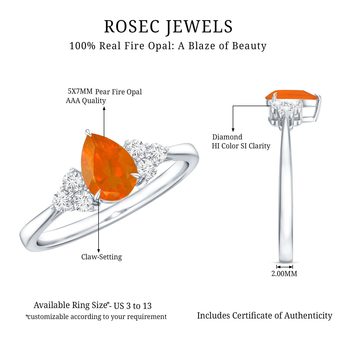 0.6 Carat Pear Shaped Fire Opal Engagement Ring with Diamond Trio