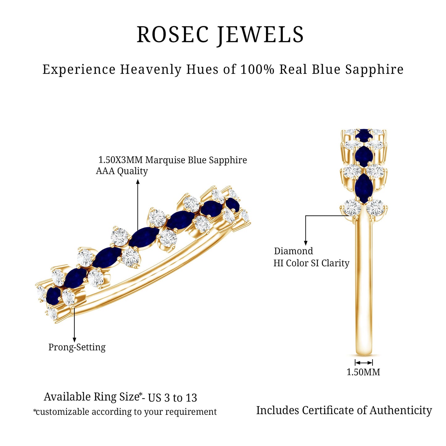 Real Blue Sapphire and Diamond Half Eternity Ring for Women