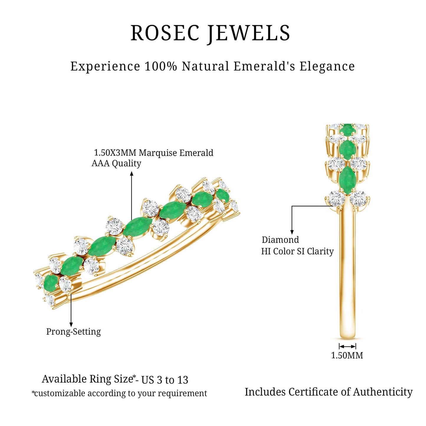 Genuine Emerald and Diamond Half Eternity Ring for Women