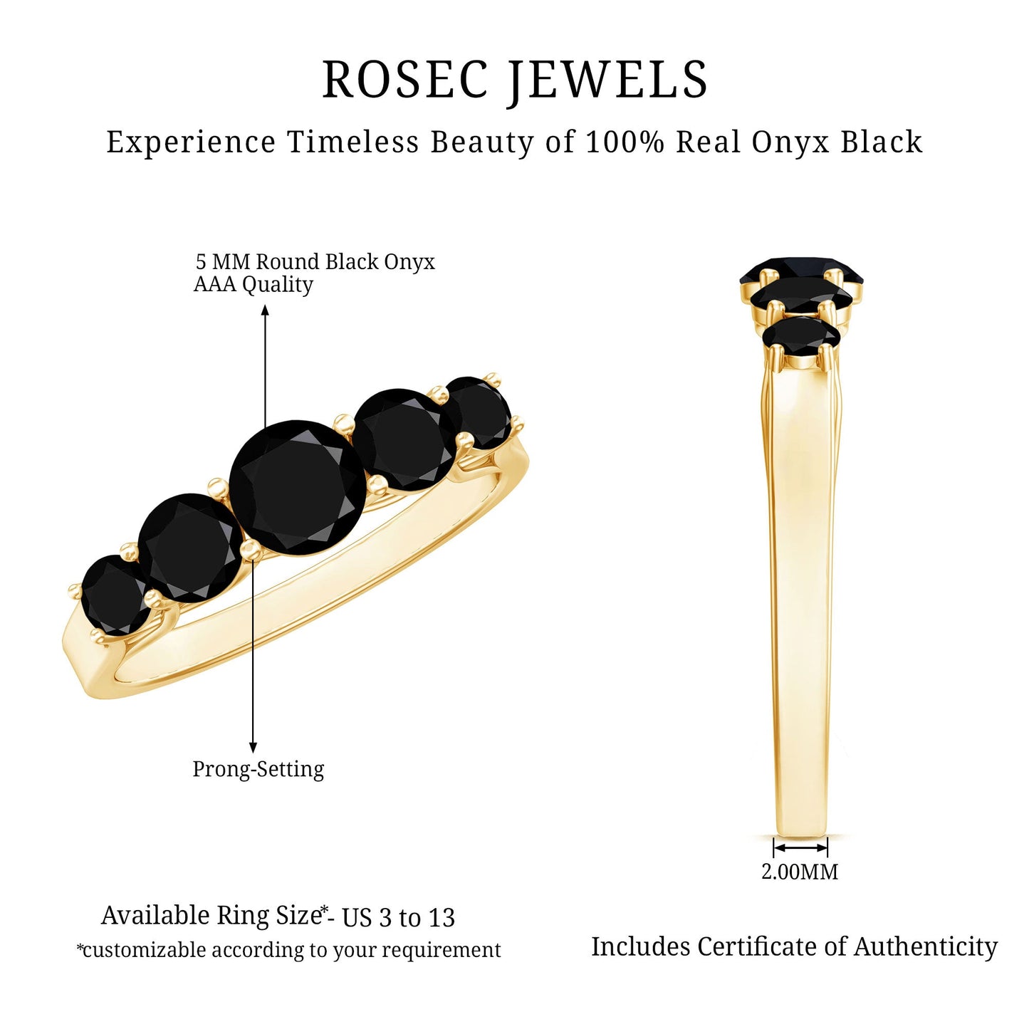 Trellis Set Black Onyx 5 Stone Ring in Graduated Style