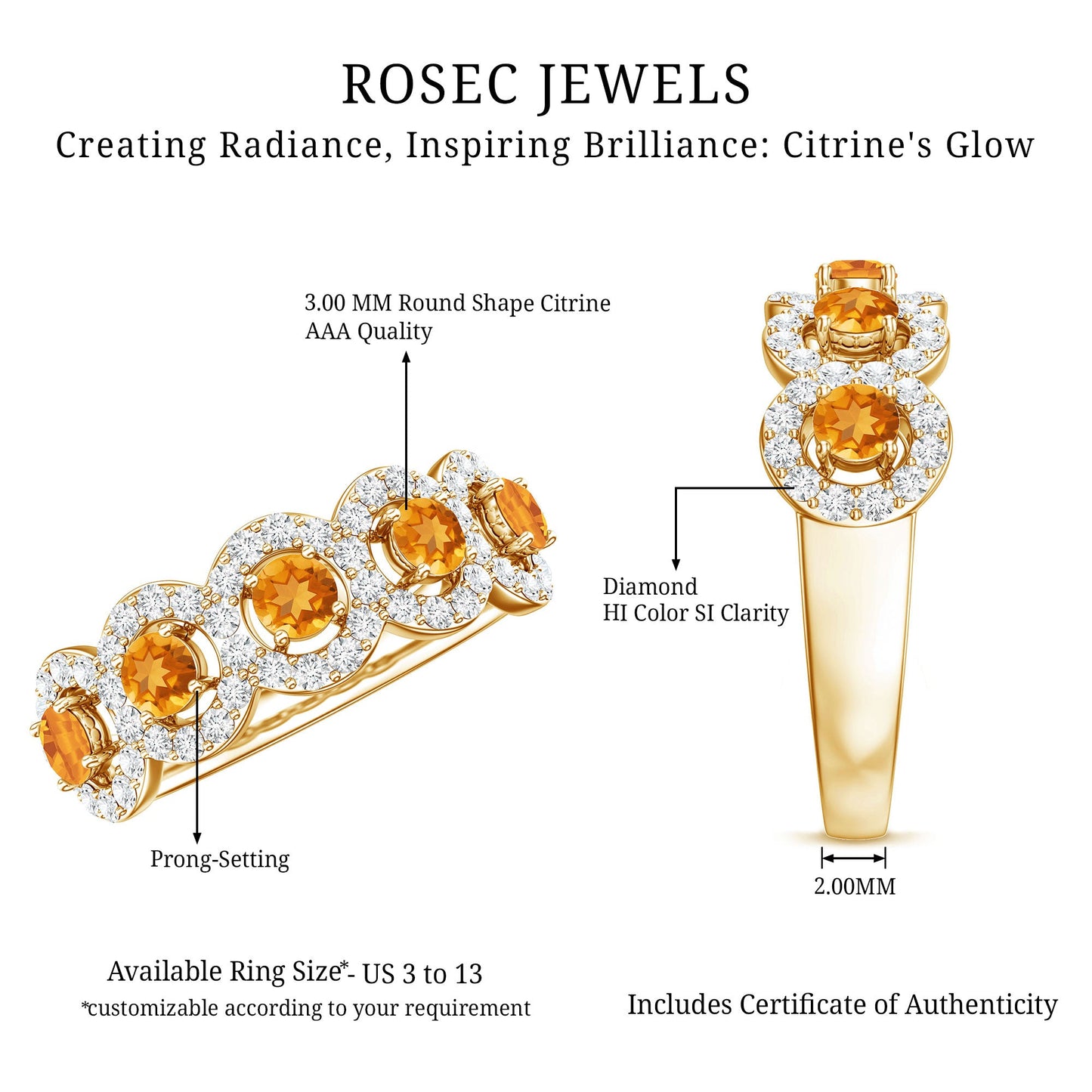 Certified Natural Citrine Diamond Half Eternity Band for Anniversary