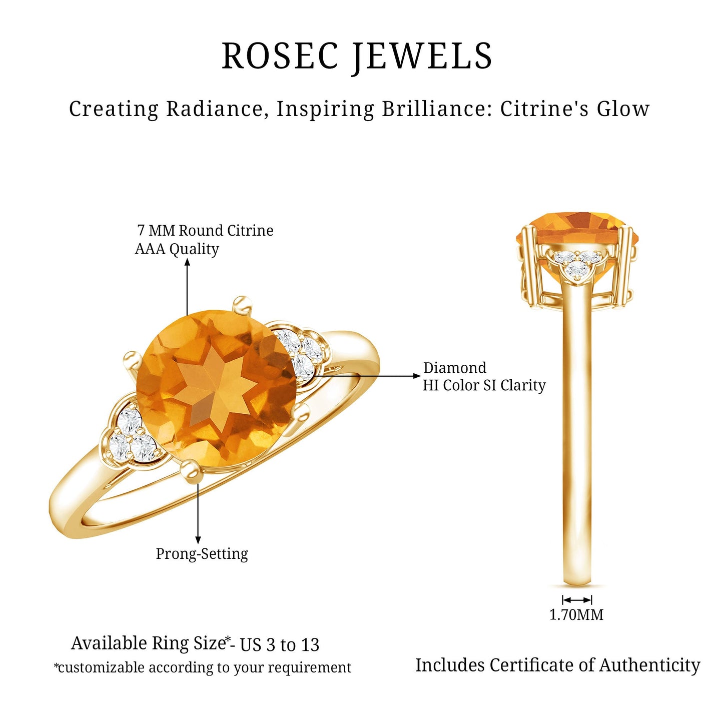 Natural 1.2 Carat Citrine Engagement Ring with Diamond Trio