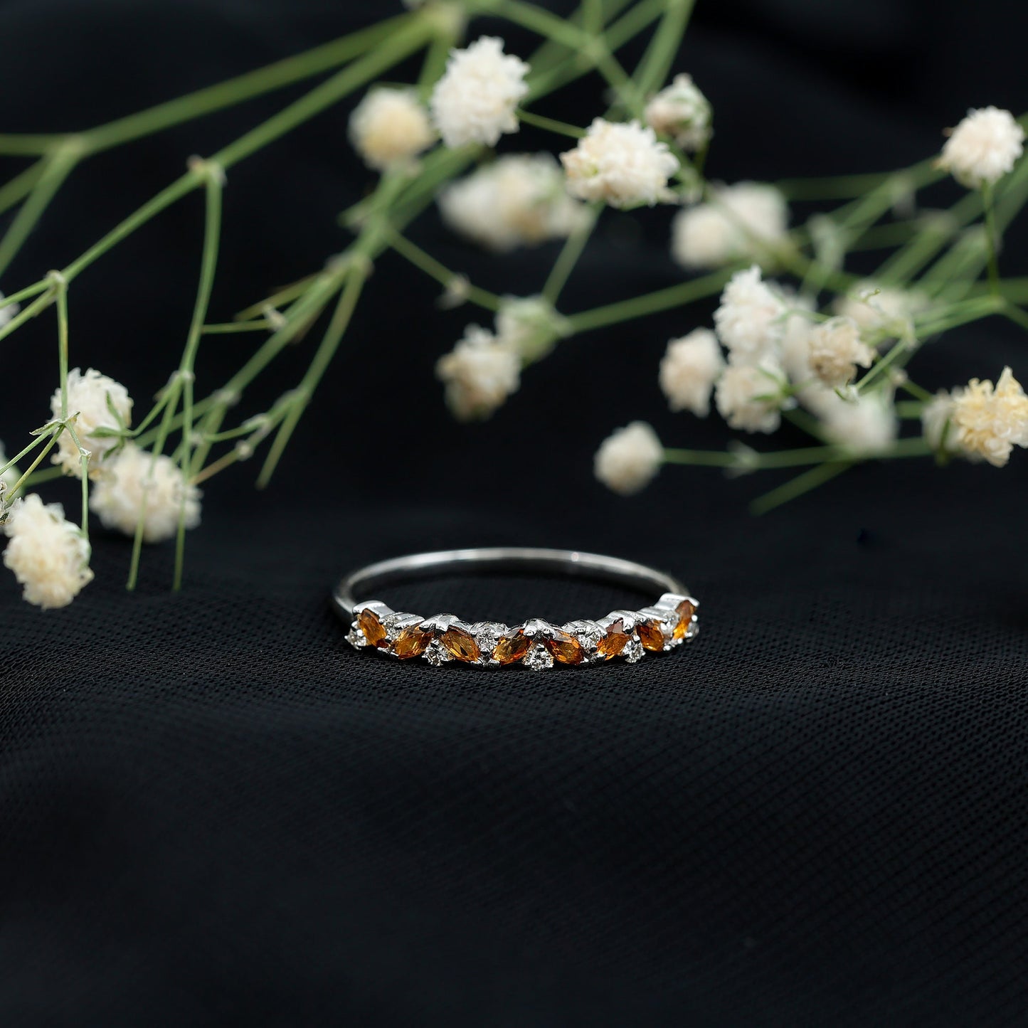 Genuine Marquise Citrine Half Eternity Ring with Diamond