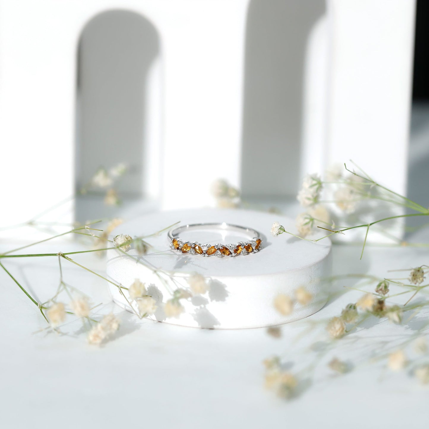 Genuine Marquise Citrine Half Eternity Ring with Diamond