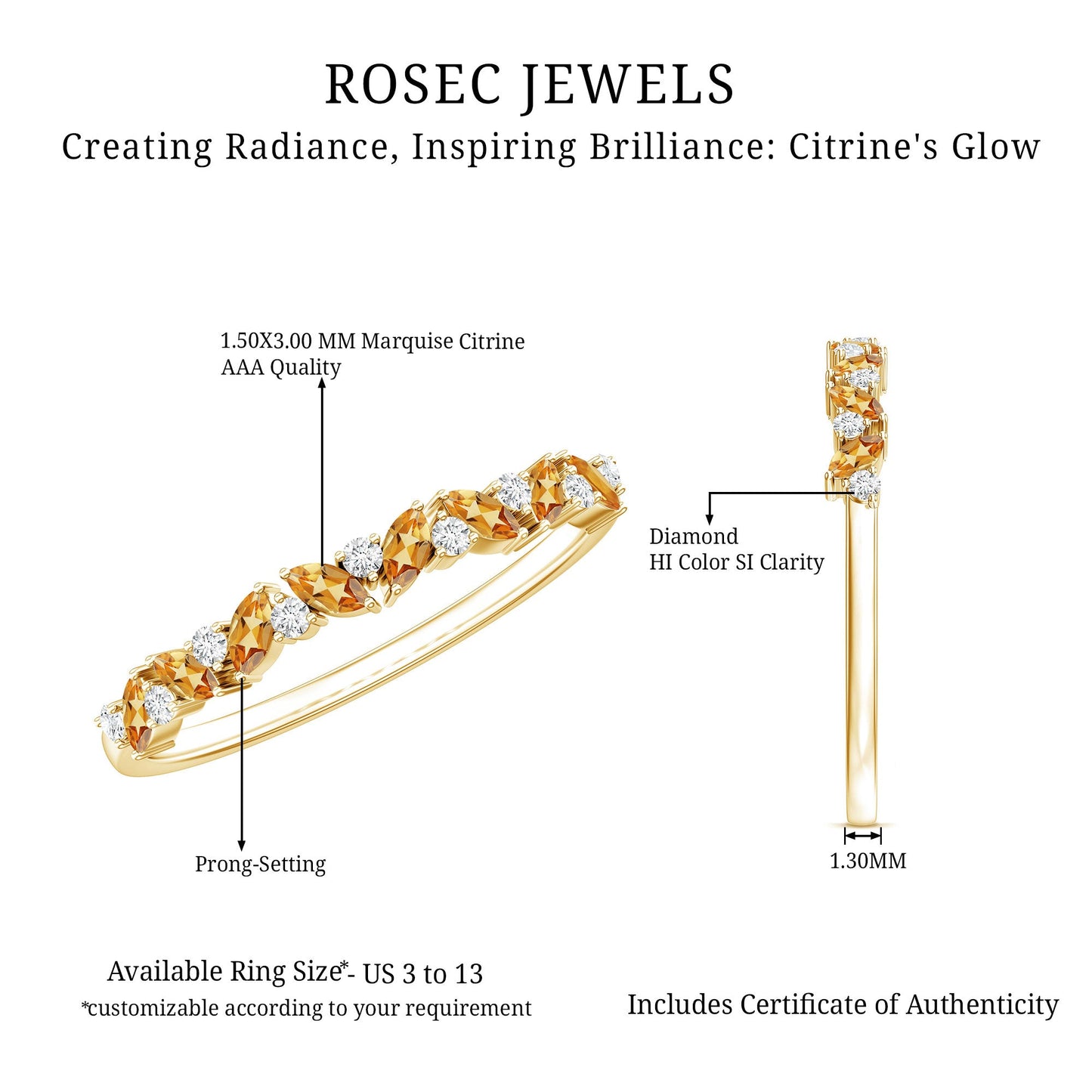 Genuine Marquise Citrine Half Eternity Ring with Diamond