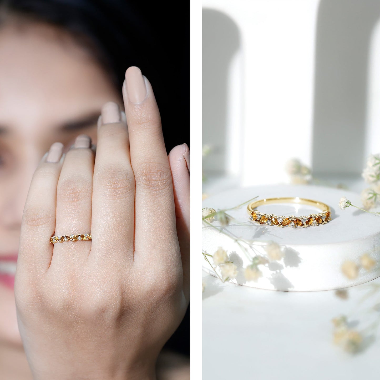 Genuine Marquise Citrine Half Eternity Ring with Diamond