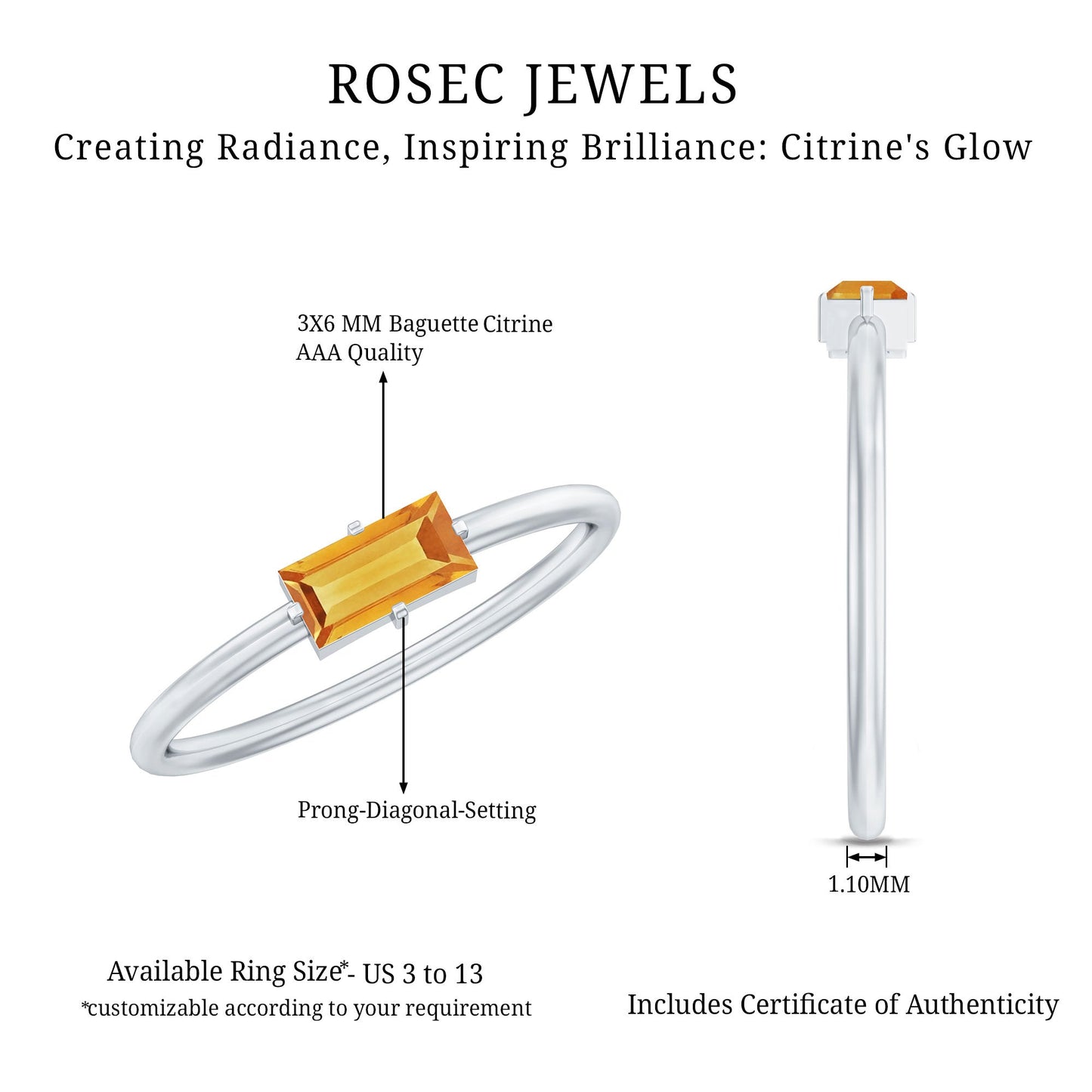 Natural Baguette Citrine Promise Ring in East West Style