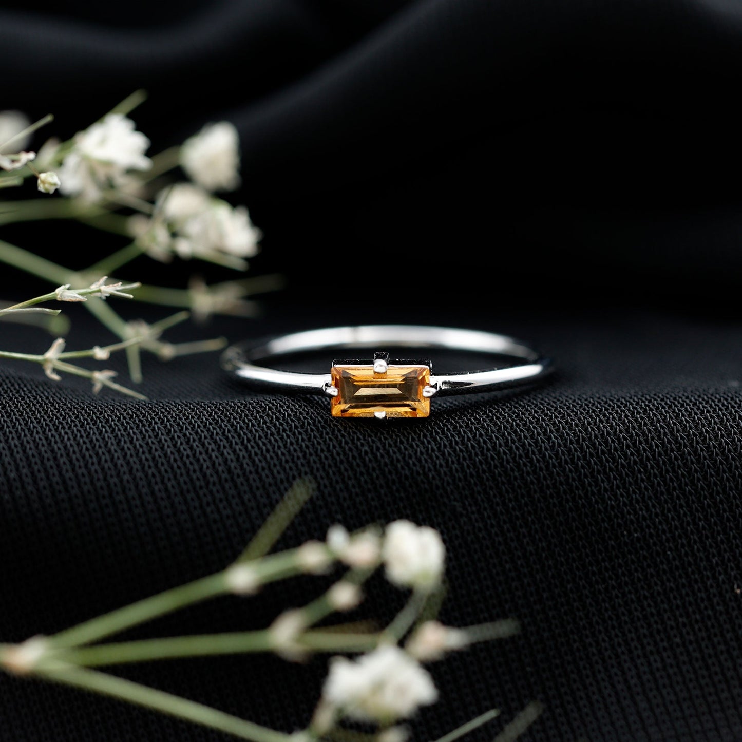 Natural Baguette Citrine Promise Ring in East West Style