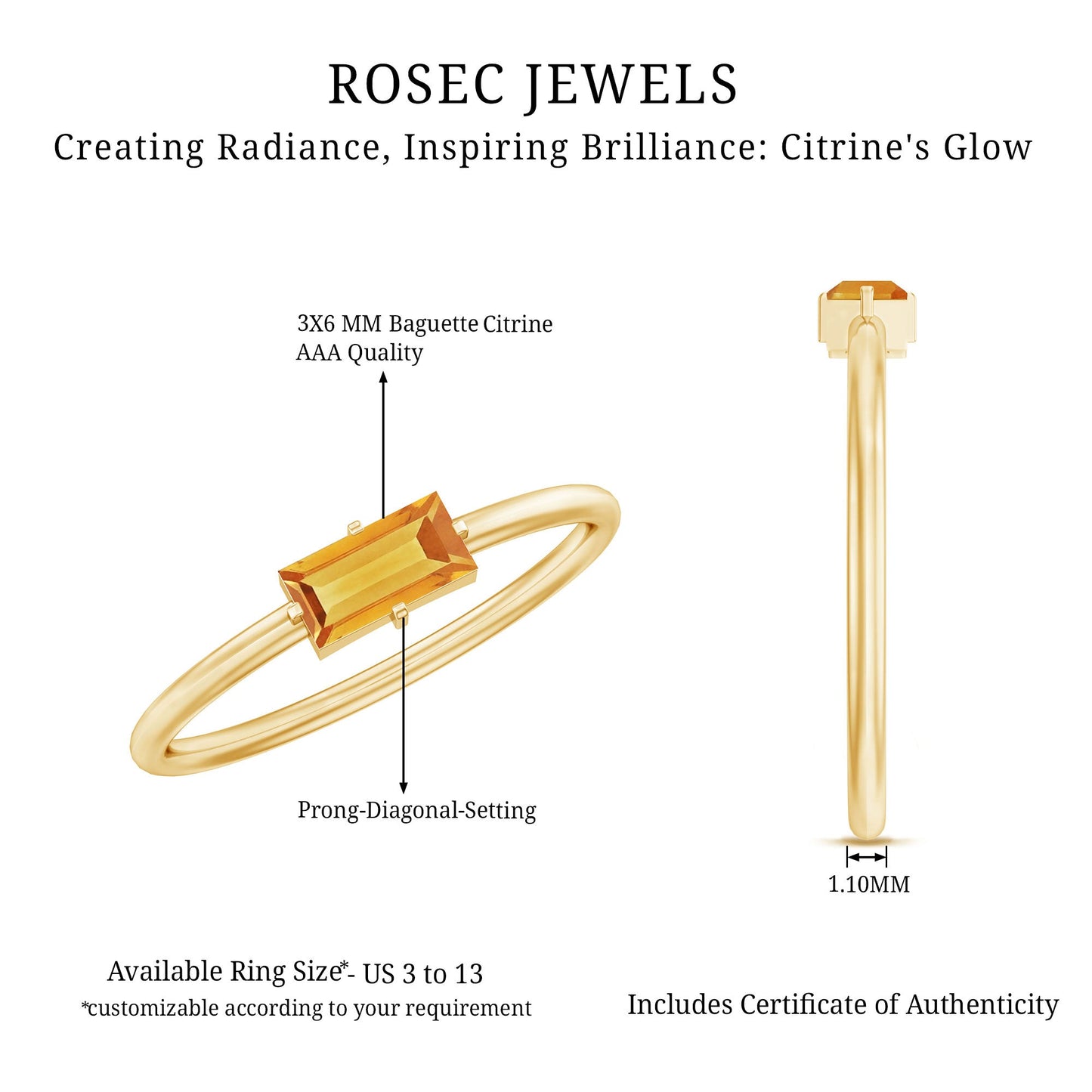 Natural Baguette Citrine Promise Ring in East West Style