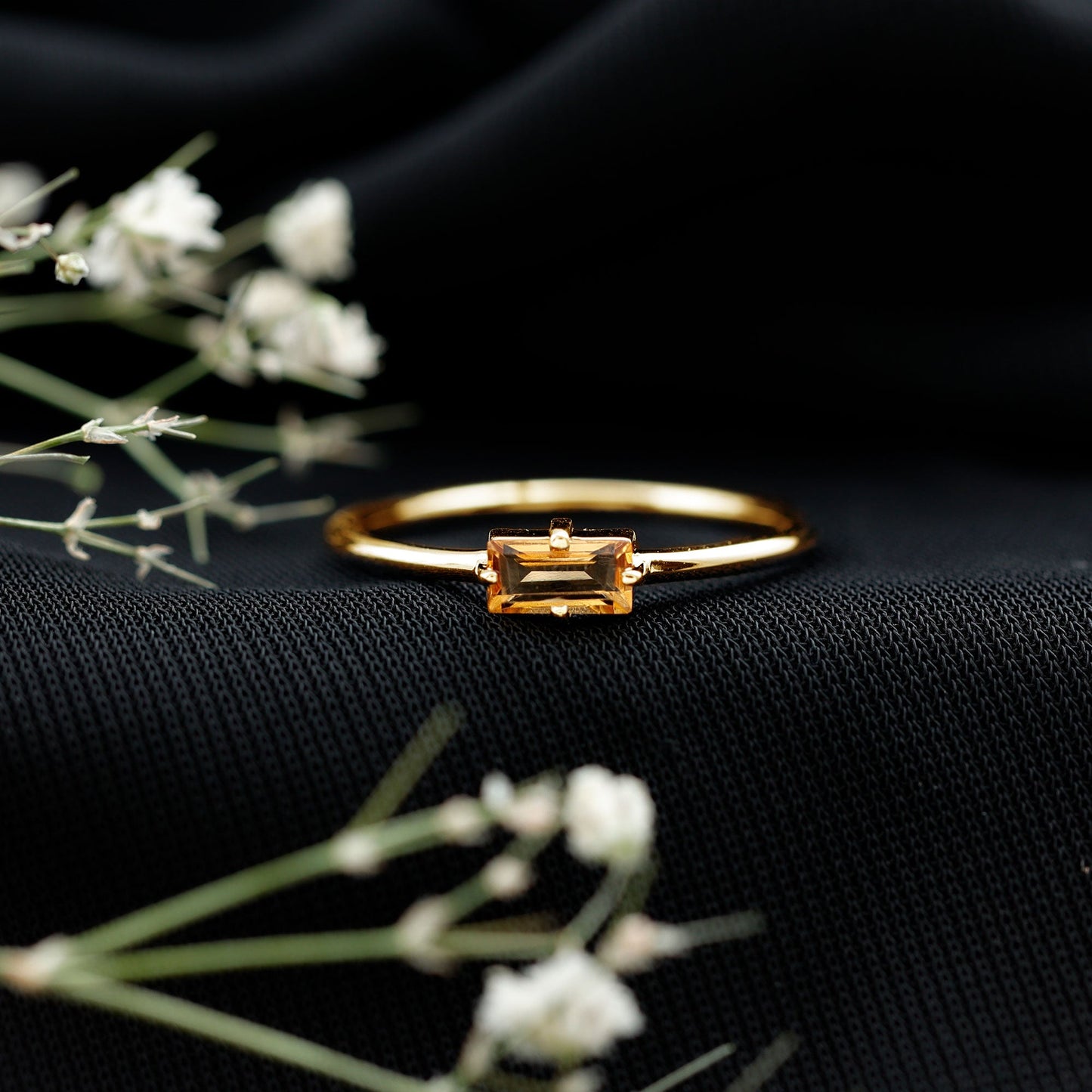 Natural Baguette Citrine Promise Ring in East West Style