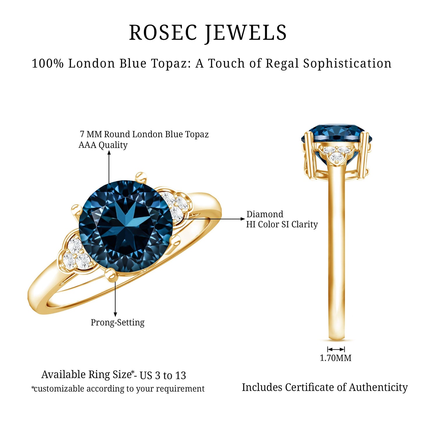 1.3 Carat London Blue Topaz Solitaire Engagement Ring with Diamond Trio