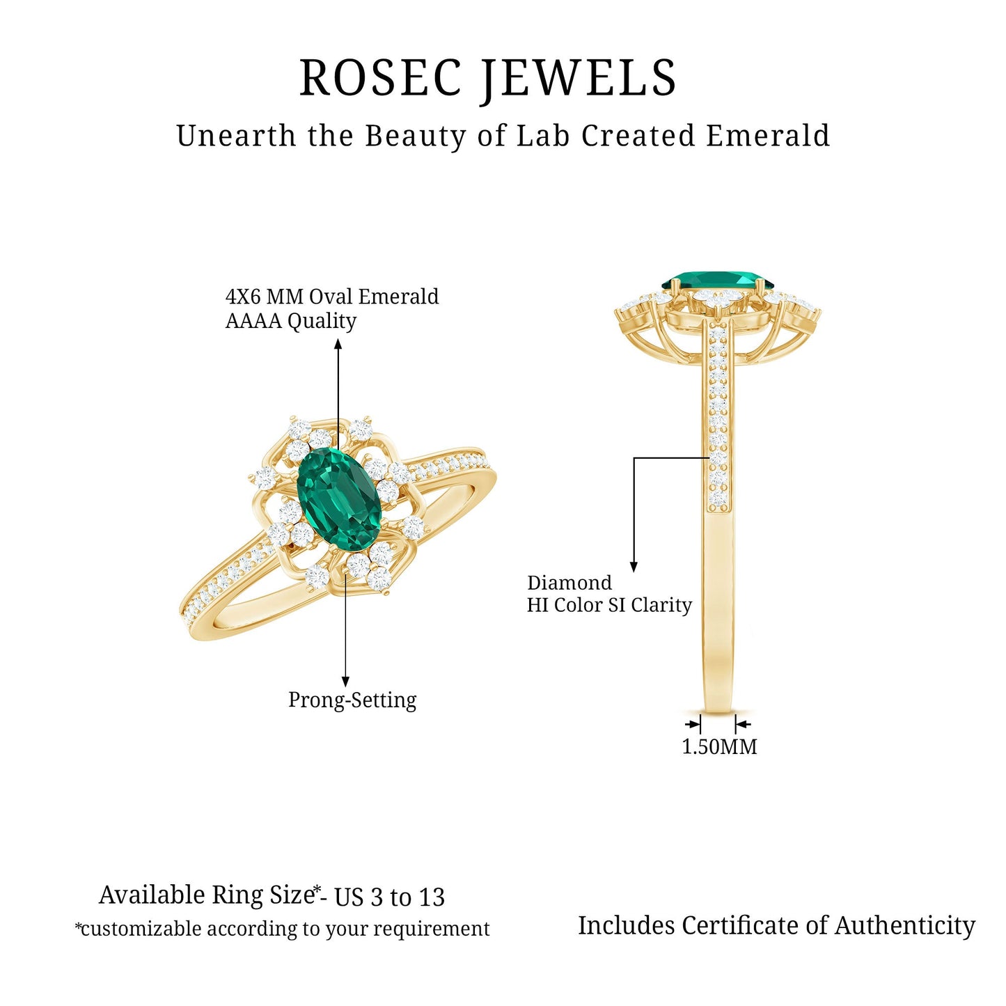 Certified Oval Lab Grown Emerald Diamond Retro Engagement Ring
