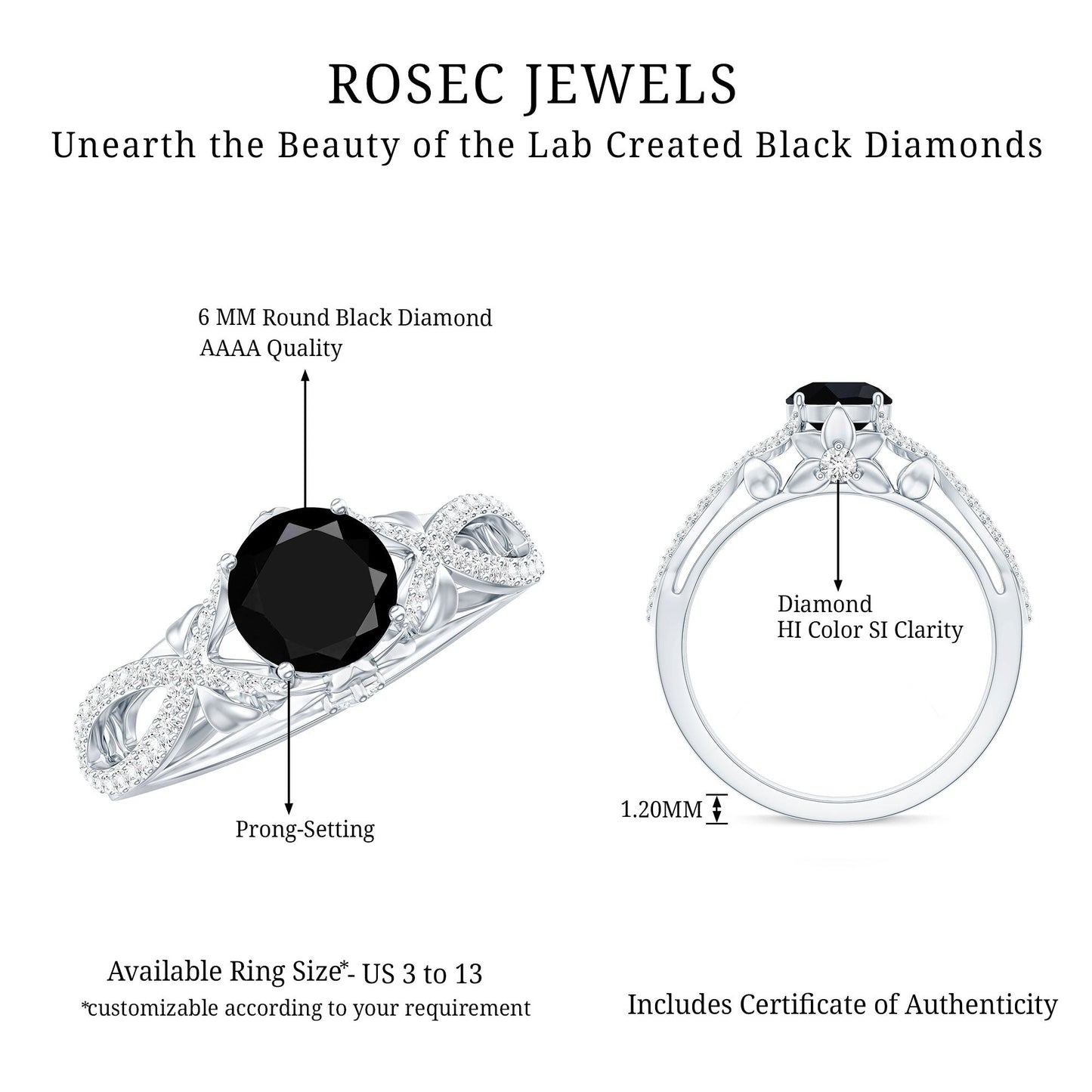 1.3 Carat Lab Grown Black and White Diamond Engagement Ring with Crossover Shank