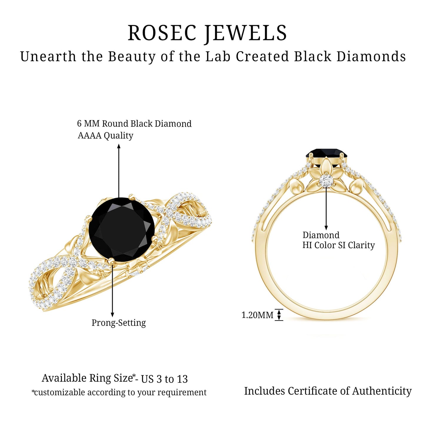 1.3 Carat Lab Grown Black and White Diamond Engagement Ring with Crossover Shank