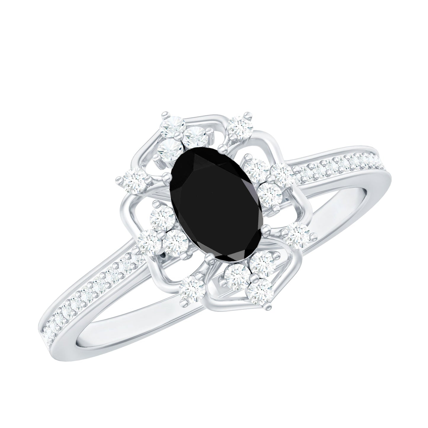 Vintage Looking Black Spinel Oval Engagement Ring with Diamond