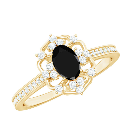 Vintage Looking Black Spinel Oval Engagement Ring with Diamond