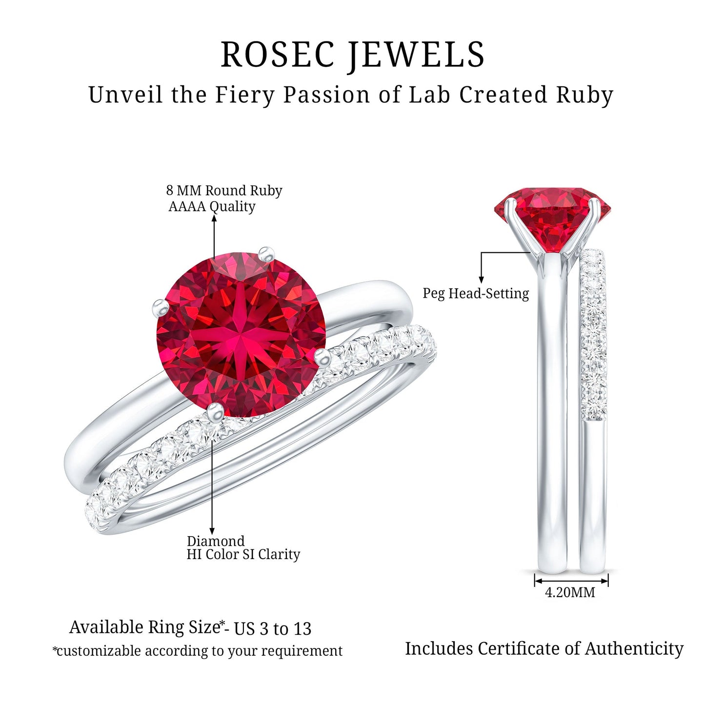 2.3 Carat Solitaire Created Ruby Wedding Ring Set with Diamond