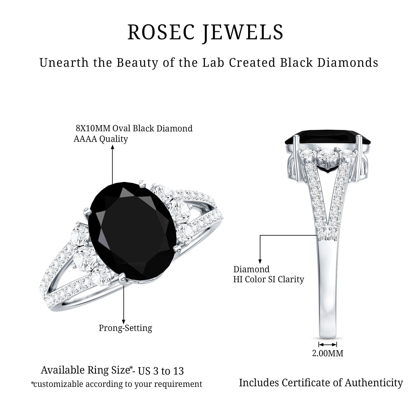 4.2 Carat Lab Grown Black Diamond Oval Engagement Ring with White Diamond Split Shank
