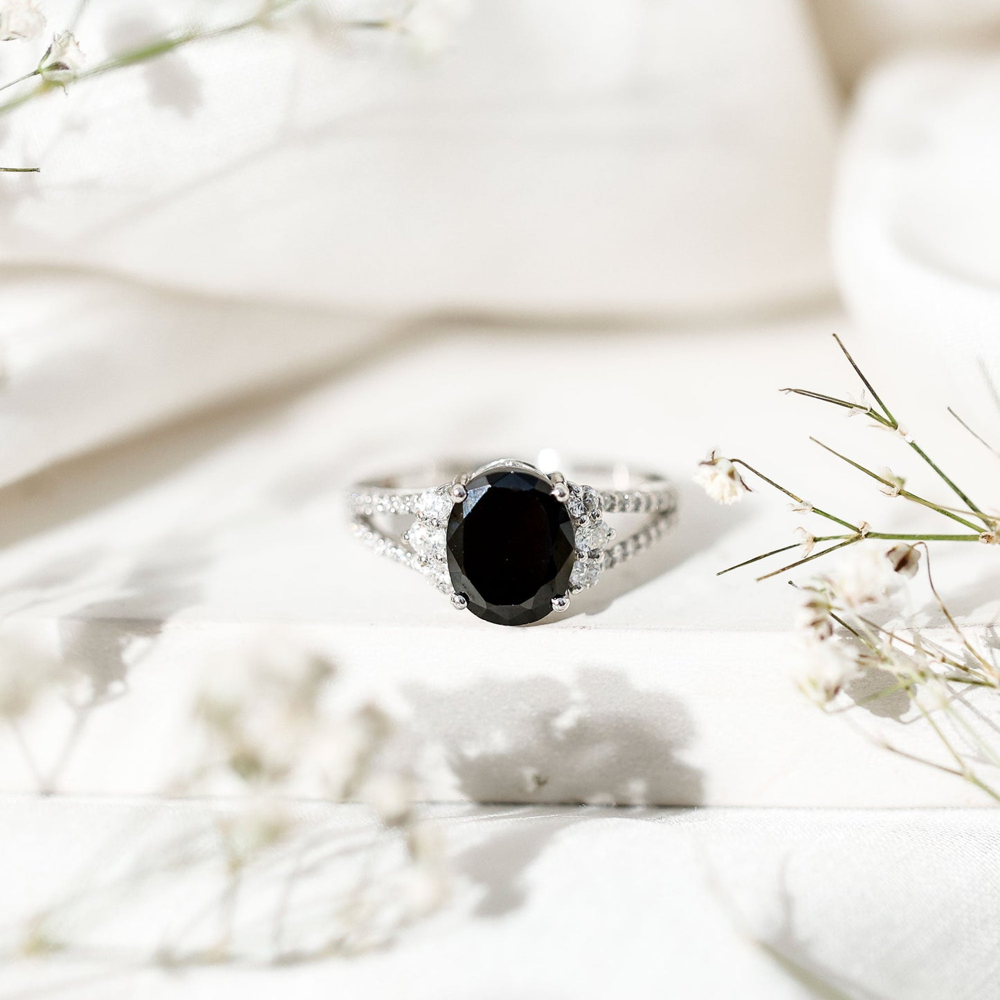 4.2 Carat Lab Grown Black Diamond Oval Engagement Ring with White Diamond Split Shank