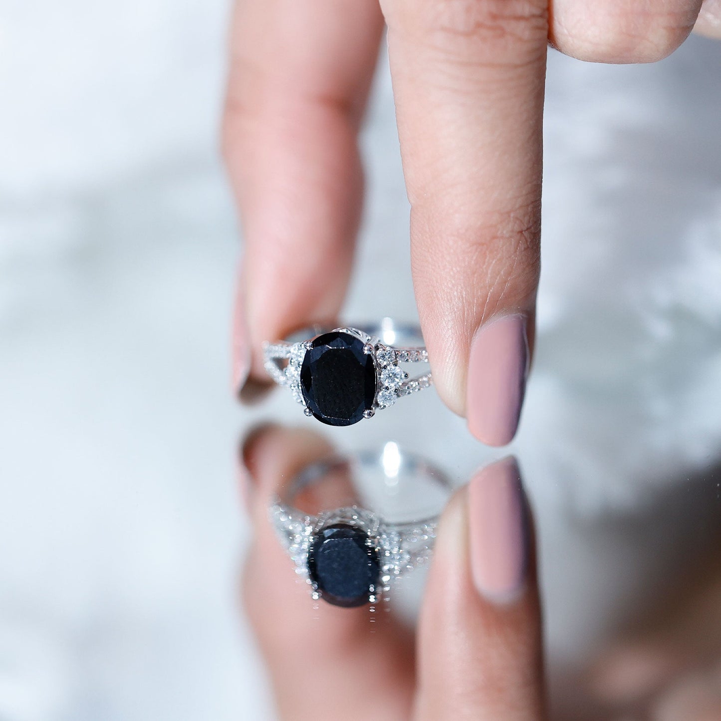 4.2 Carat Lab Grown Black Diamond Oval Engagement Ring with White Diamond Split Shank