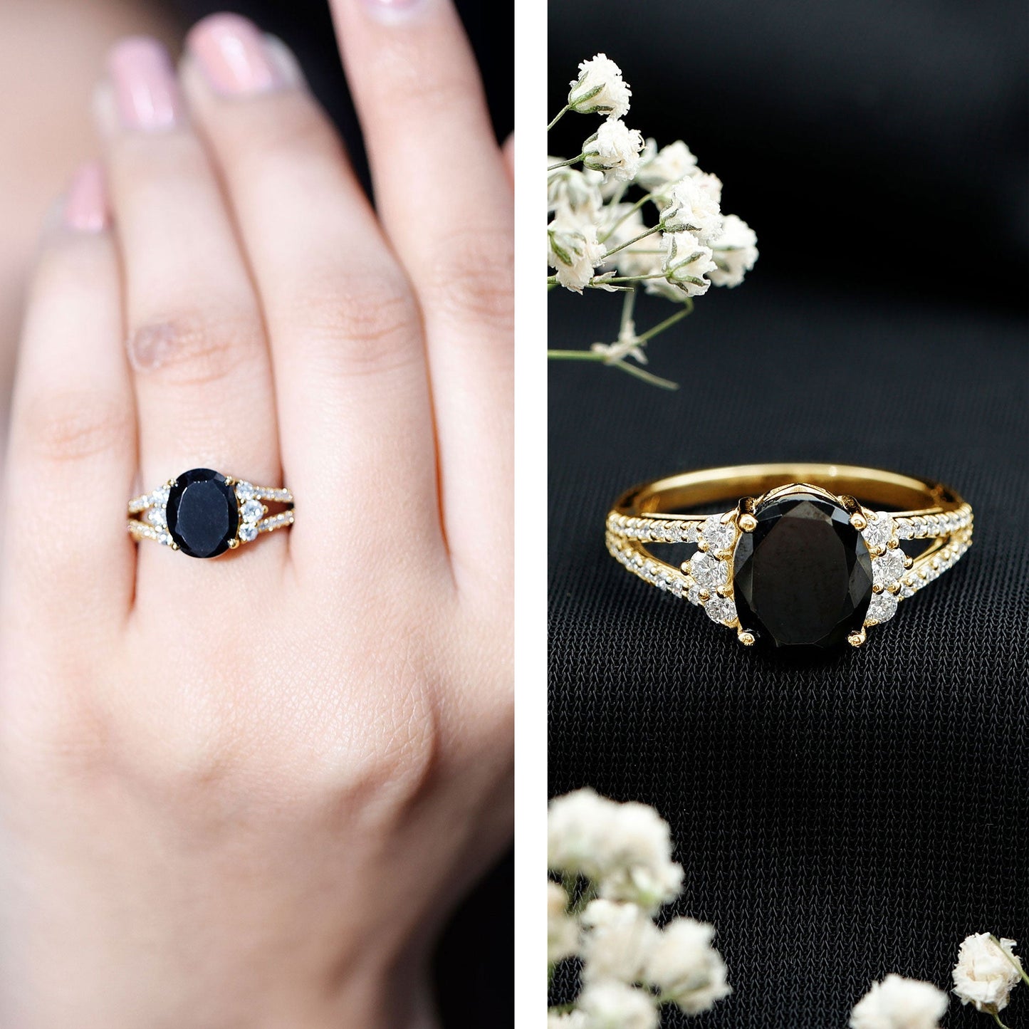 4.2 Carat Lab Grown Black Diamond Oval Engagement Ring with White Diamond Split Shank