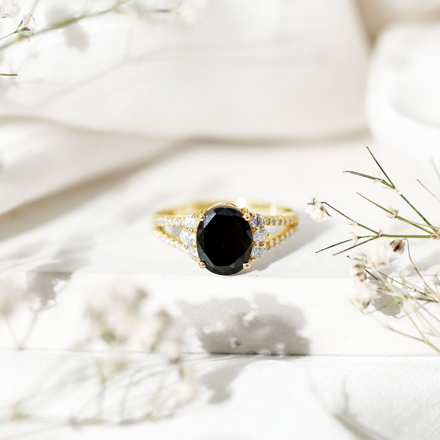4.2 Carat Lab Grown Black Diamond Oval Engagement Ring with White Diamond Split Shank
