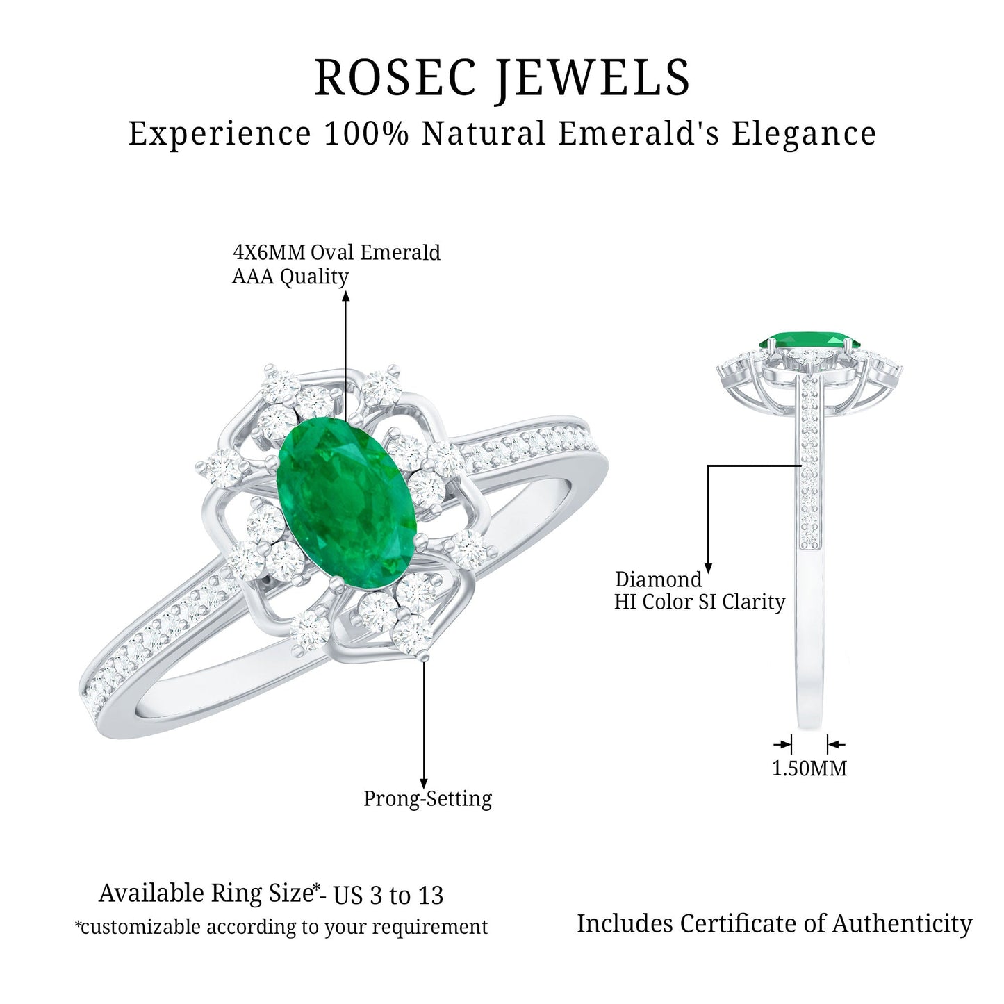 Vintage Style Emerald and Diamond Oval Engagement Ring