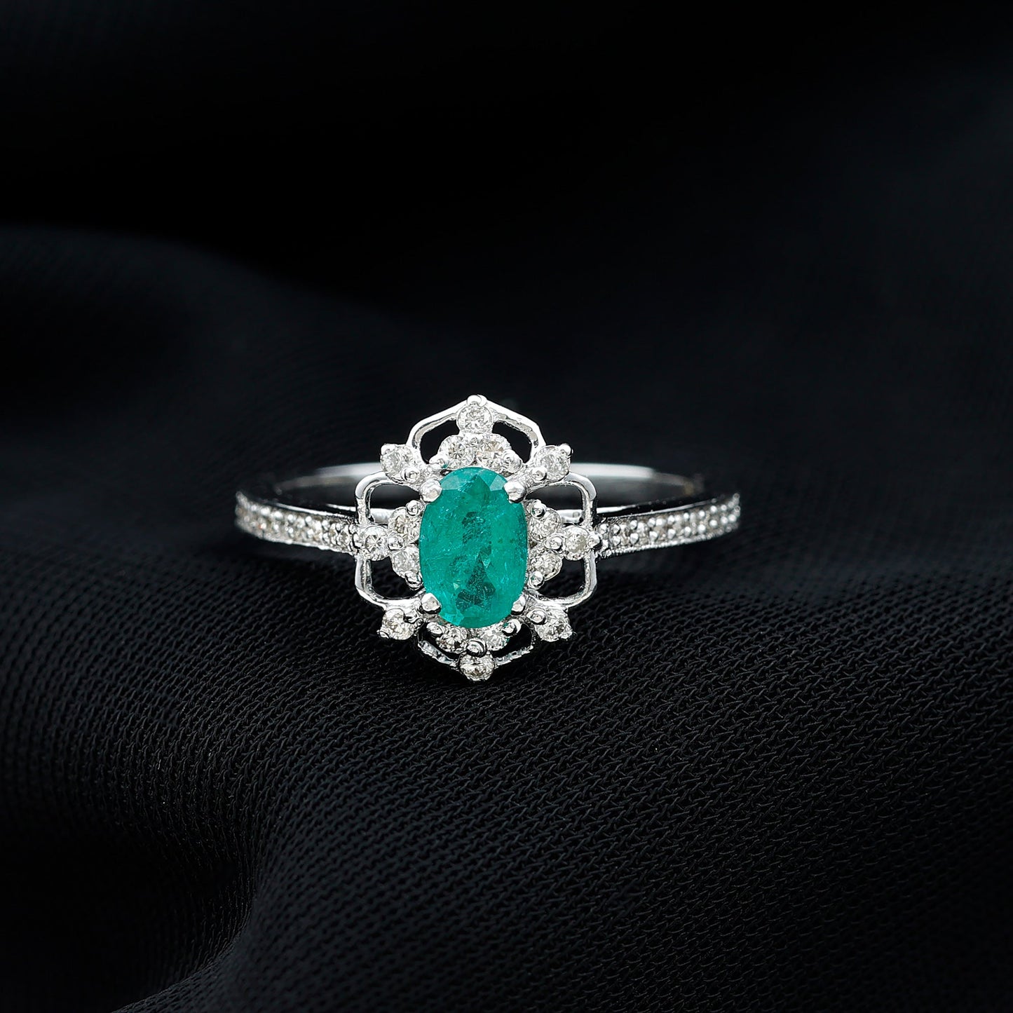 Vintage Style Emerald and Diamond Oval Engagement Ring